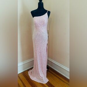 La Femme Blush Pink Sequin One-Shoulder Prom Gown